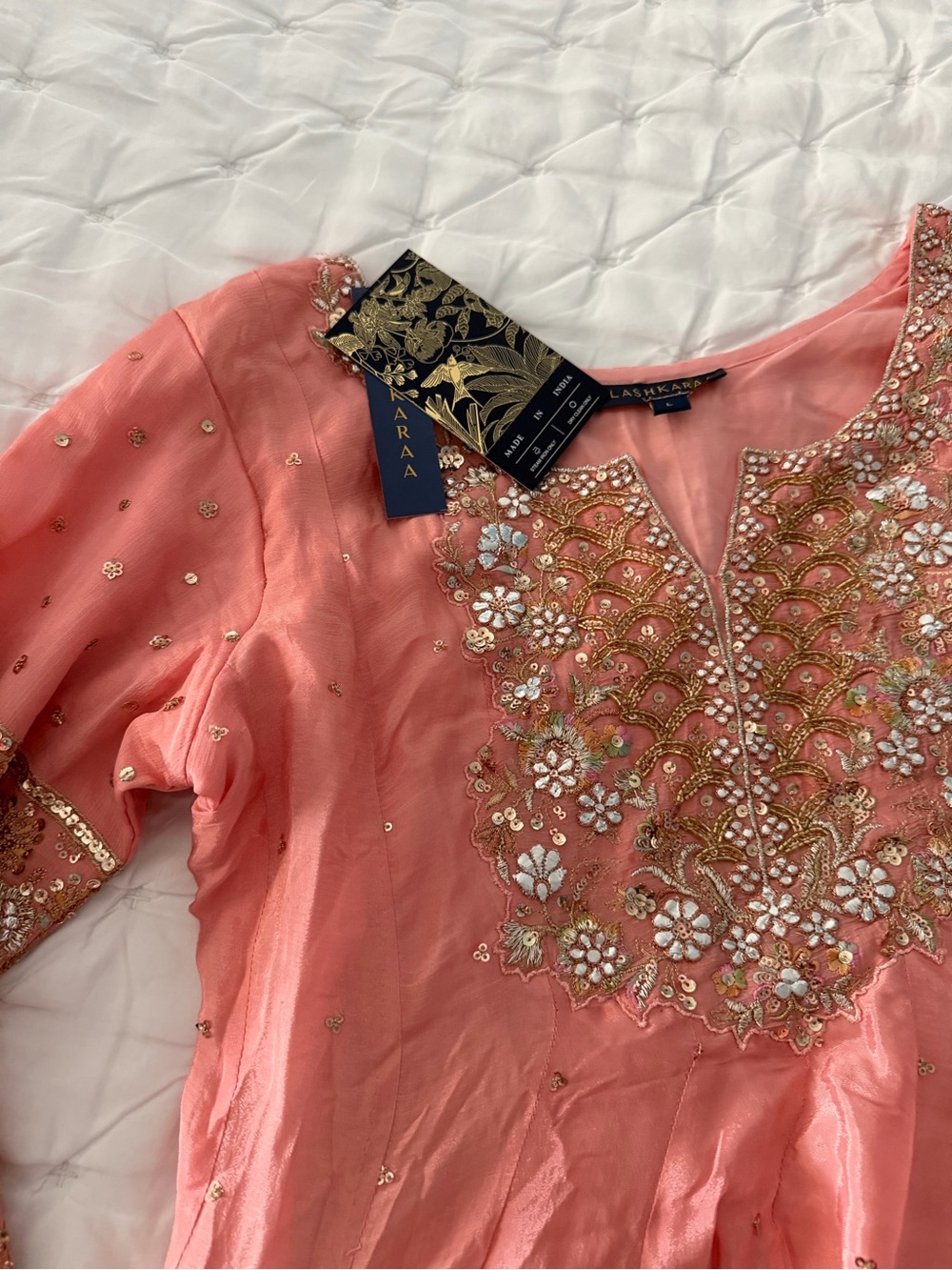 Lashkaraa Peachy Pink Embroidered Viscose Chinon Sharara. NWT. Size Large. - Picture 7 of 7